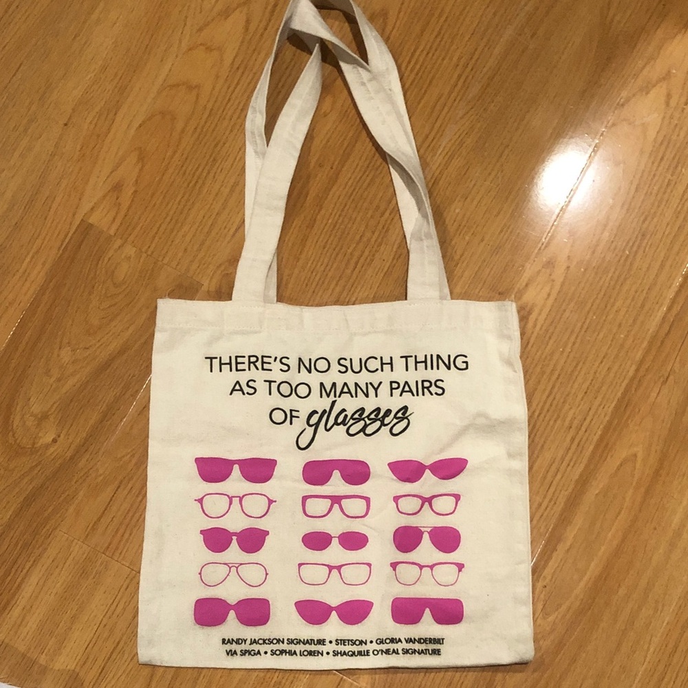 Stylish Cream Cotton Tote Bag with Pink Glasses Print